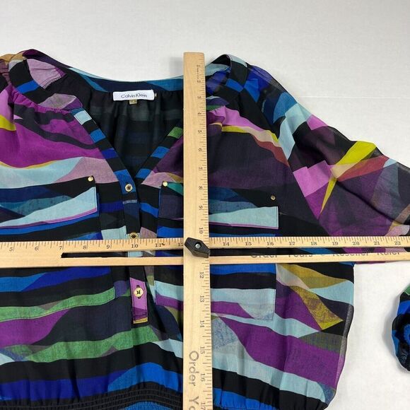 Calvin Klein Womens Peasant Blouse Striped Top Long Sleeve Artistic Shirt LARGE - Picture 7 of 12